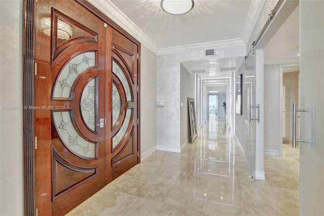 3201 NE 183rd St Unit 2607, Aventura, FL 33160 - entryway featuring light marble finish floors, french doors, baseboards, and crown molding