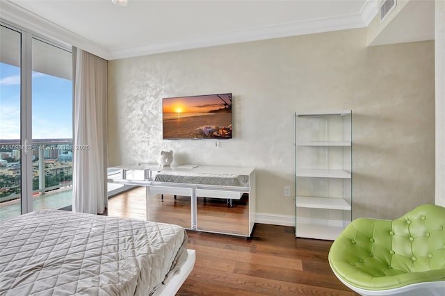 bedroom with floor to ceiling windows, wood-type flooring, and ornamental molding