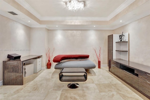 3201 NE 183rd St Unit 2607, Aventura, FL 33160 - sitting room featuring a tray ceiling, a chandelier, crown molding, baseboards, and recessed lighting