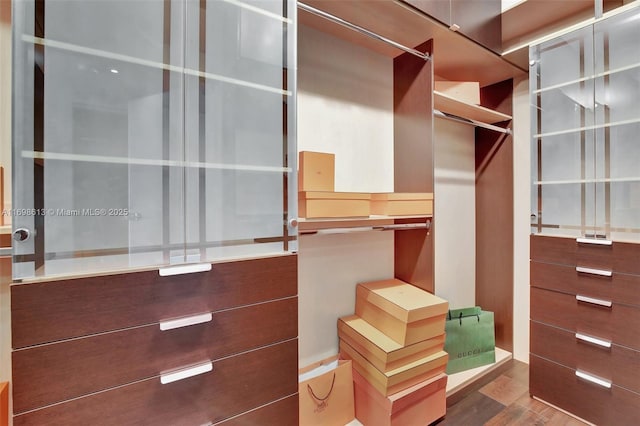 spacious closet with dark wood-type flooring