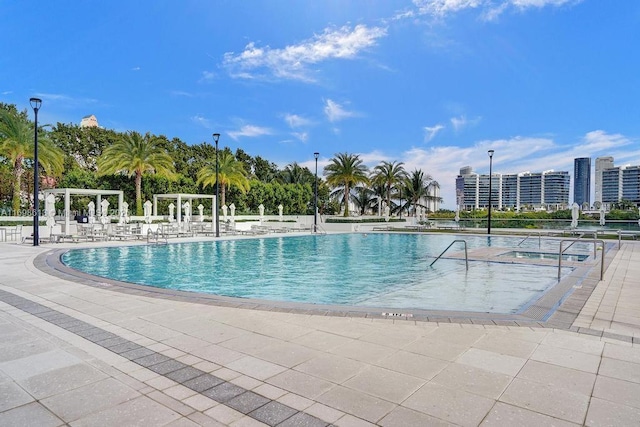 view of swimming pool featuring a patio area