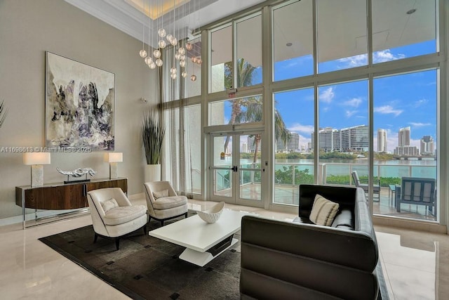 building lobby featuring a water view