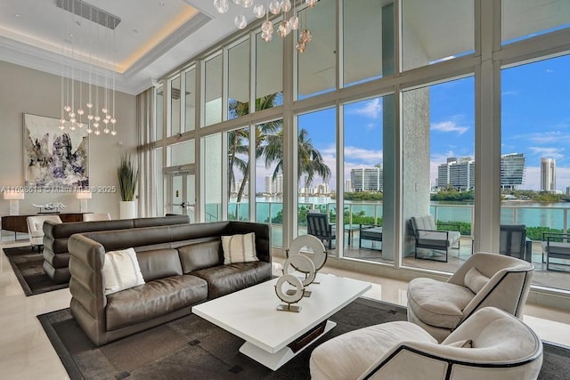 3201 NE 183rd St Unit 2607, Aventura, FL 33160 - lobby with a towering ceiling, a water view, a view of city, and a wall of windows