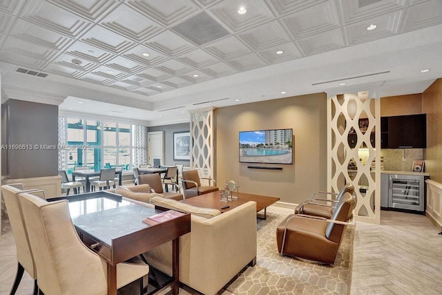 3201 NE 183rd St Unit 2607, Aventura, FL 33160 - living room featuring baseboards, wine cooler, and recessed lighting