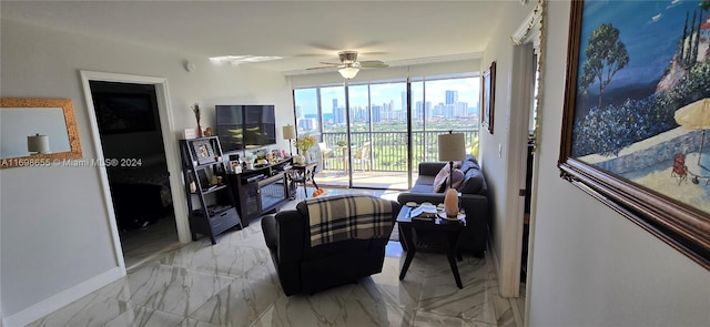 living room featuring ceiling fan