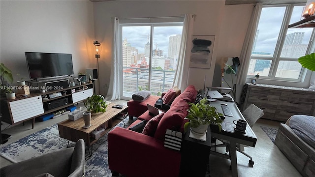 living room with concrete floors