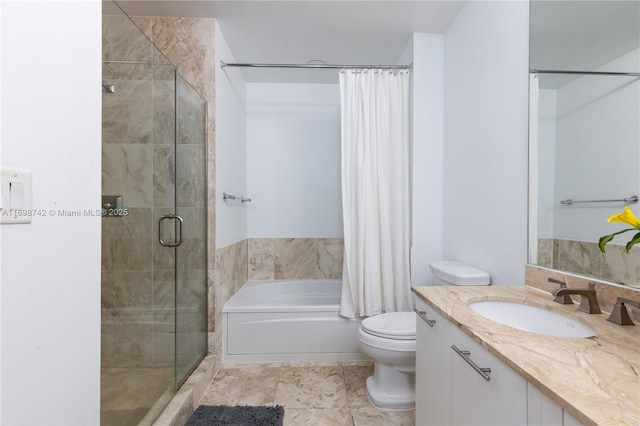 full bathroom featuring plus walk in shower, vanity, and toilet