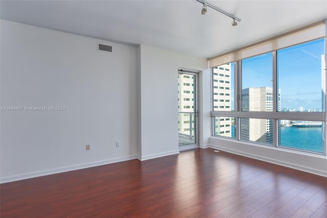 empty room with dark hardwood / wood-style flooring, rail lighting, and a wealth of natural light