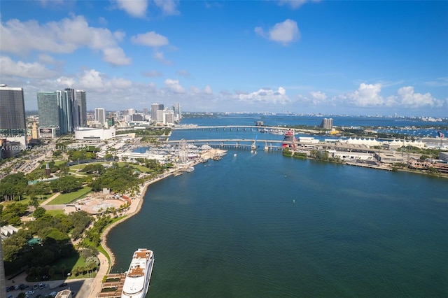 drone / aerial view featuring a water view