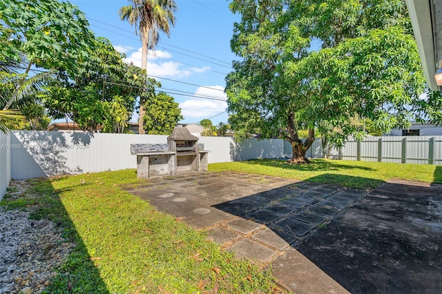 view of yard with a patio and an outdoor fireplace