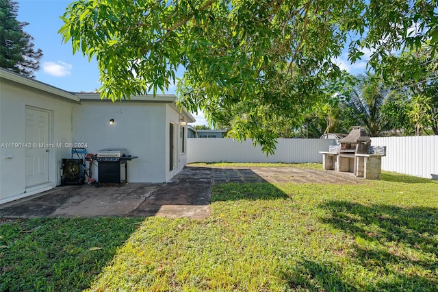 view of yard featuring a patio area and exterior kitchen