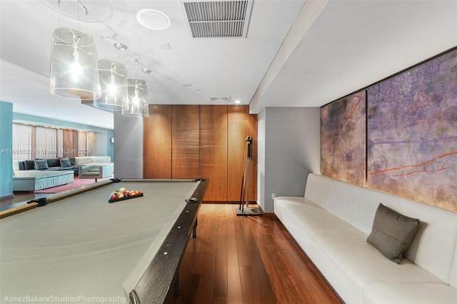 game room featuring dark hardwood / wood-style floors and pool table