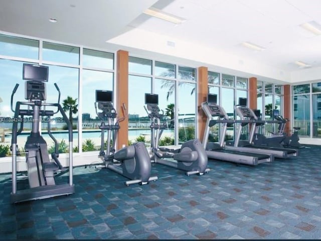 exercise room featuring expansive windows, a healthy amount of sunlight, and dark carpet