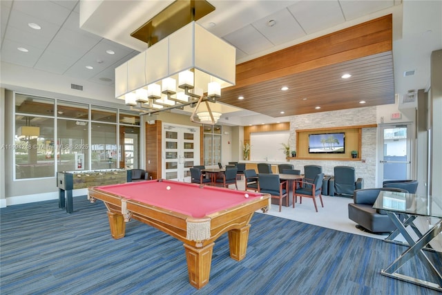 game room featuring french doors, carpet floors, and billiards