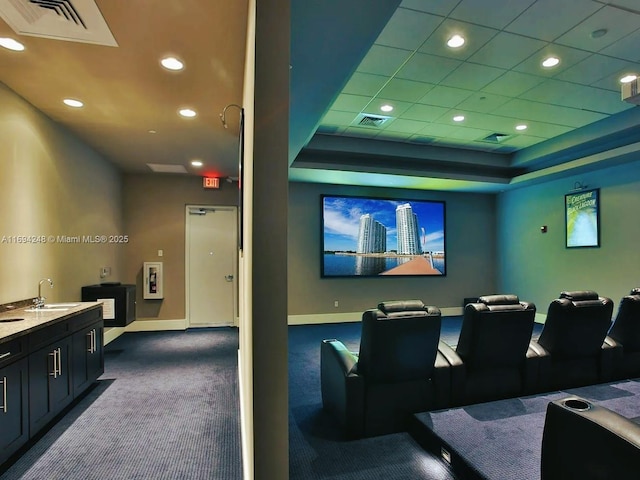 carpeted home theater room with a raised ceiling and sink