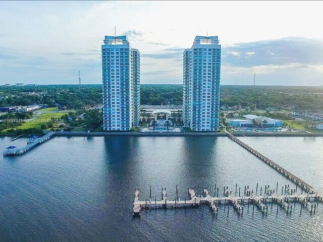 drone / aerial view featuring a water view