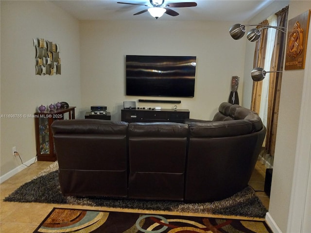 tiled living room featuring ceiling fan