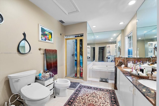 full bathroom with vanity, a bidet, tile patterned flooring, toilet, and shower with separate bathtub