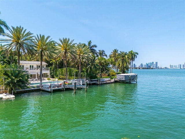 view of dock with a water view