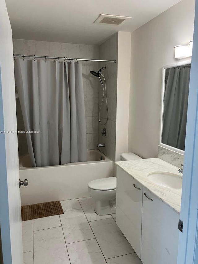 full bathroom with vanity, toilet, and shower / bathtub combination with curtain