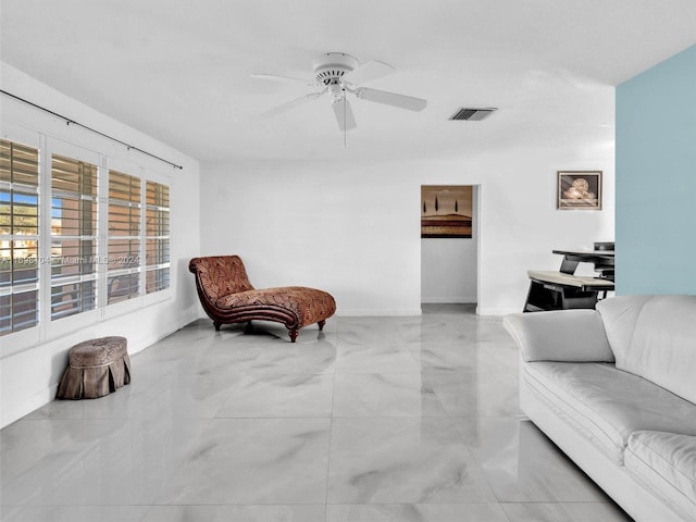 interior space featuring ceiling fan