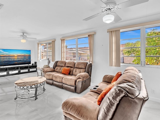 living room featuring ceiling fan