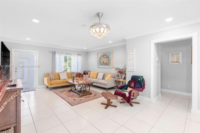 living room featuring a notable chandelier, ornamental molding, and light tile patterned flooring