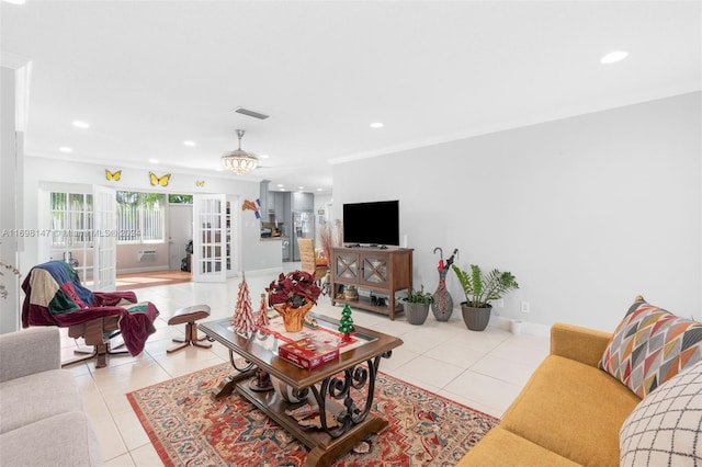 tiled living room with french doors