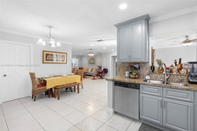 kitchen featuring dishwasher, gray cabinets, ornamental molding, and sink