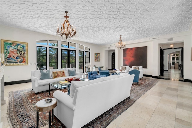 living room with a textured ceiling and an inviting chandelier