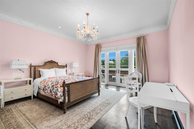 bedroom with french doors, access to outside, an inviting chandelier, and ornamental molding