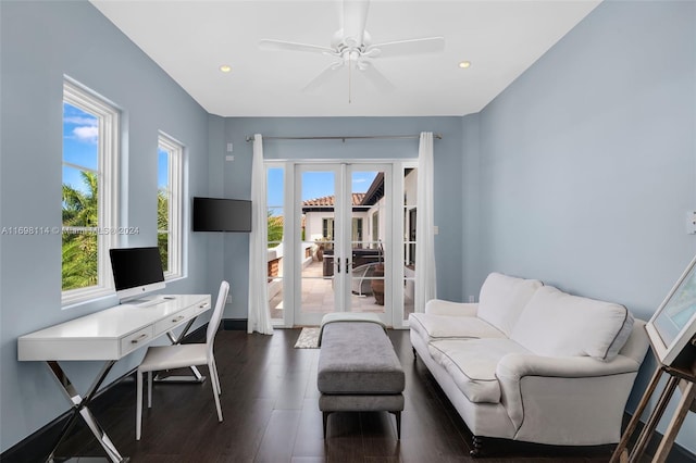 home office with french doors, dark hardwood / wood-style flooring, and a wealth of natural light