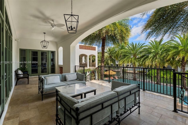 3305 S Moorings Way, Miami, FL 33133 - view of patio / terrace with an outdoor living space, ceiling fan, and french doors