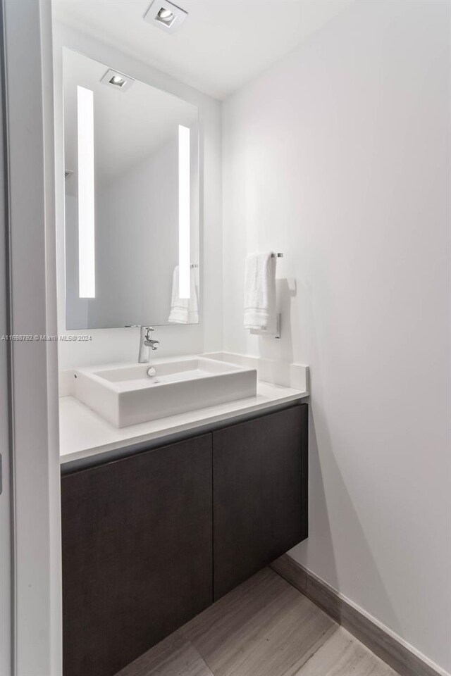 bathroom with hardwood / wood-style floors and vanity