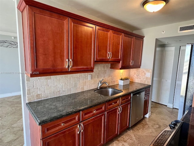 kitchen with a sink, visible vents, stainless steel dishwasher, dark stone counters, and tasteful backsplash