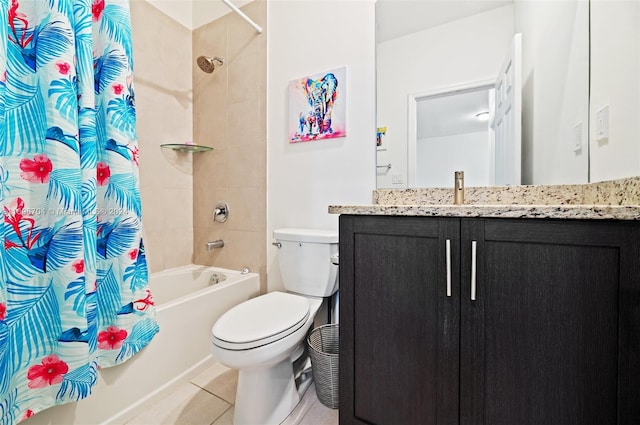 full bathroom featuring toilet, shower / bath combination with curtain, vanity, and tile patterned floors