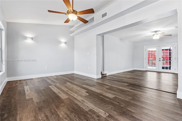 unfurnished living room featuring ceiling fan, french doors, wood-type flooring, and lofted ceiling