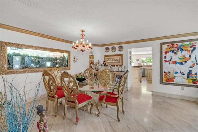 dining space with crown molding, a textured ceiling, and a notable chandelier