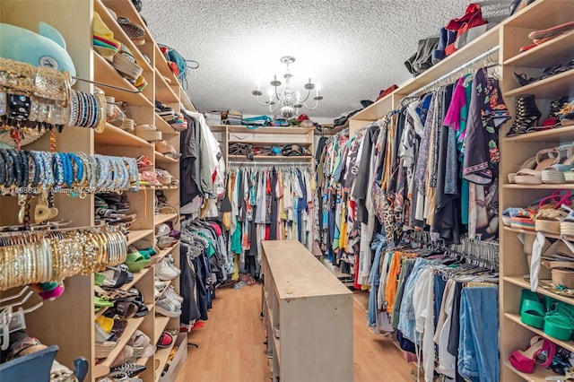 spacious closet featuring an inviting chandelier and light hardwood / wood-style flooring