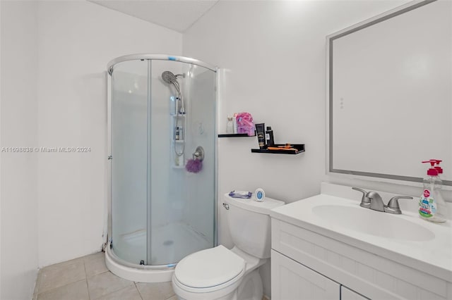 bathroom featuring walk in shower, tile patterned floors, a textured ceiling, toilet, and vanity