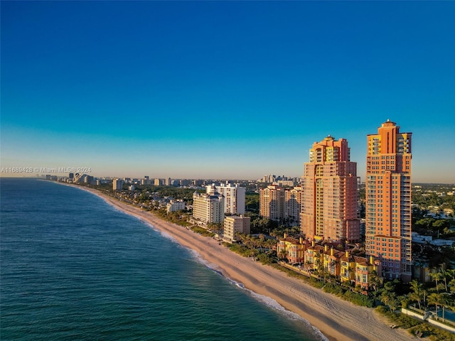 bird's eye view with a beach view and a water view