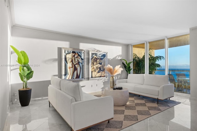 living room featuring floor to ceiling windows and crown molding