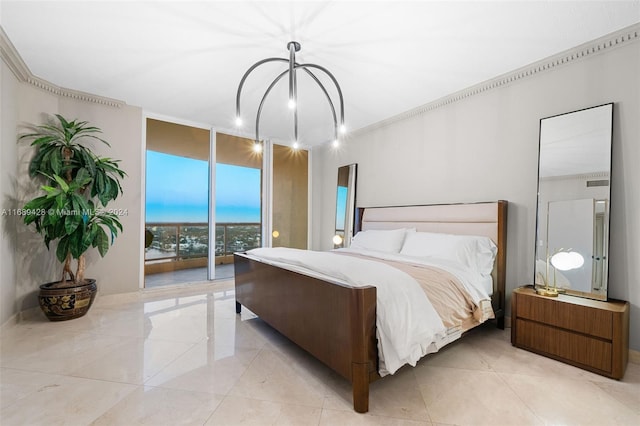 bedroom featuring access to exterior, a wall of windows, crown molding, and a chandelier