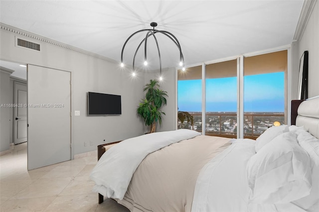 tiled bedroom featuring access to exterior, floor to ceiling windows, and crown molding