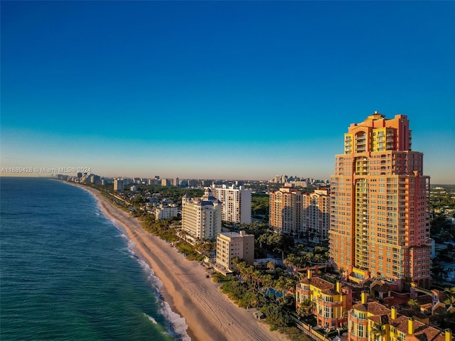 drone / aerial view with a beach view and a water view