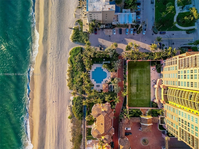 aerial view featuring a beach view and a water view