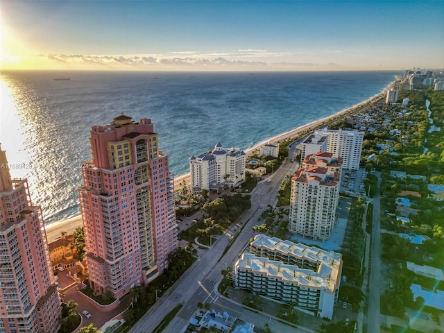 aerial view at dusk with a water view