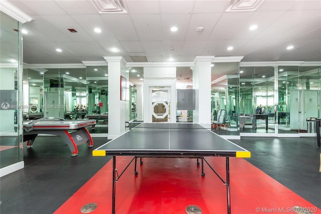 2030 S Ocean Dr Unit 604, Hallandale Beach, FL 33009 - recreation room featuring crown molding, ornate columns, and recessed lighting