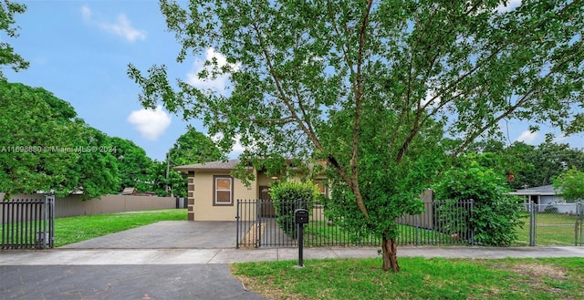 obstructed view of property with a front yard