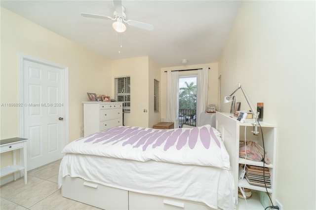 bedroom with access to exterior, ceiling fan, and light tile patterned flooring